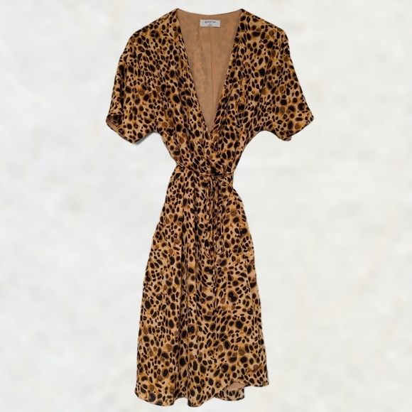 Babaton Wallace Cheetah Print Short Sleeve Lined Mini Wrap Dress Amber Blk- sz S - Picture 3 of 11